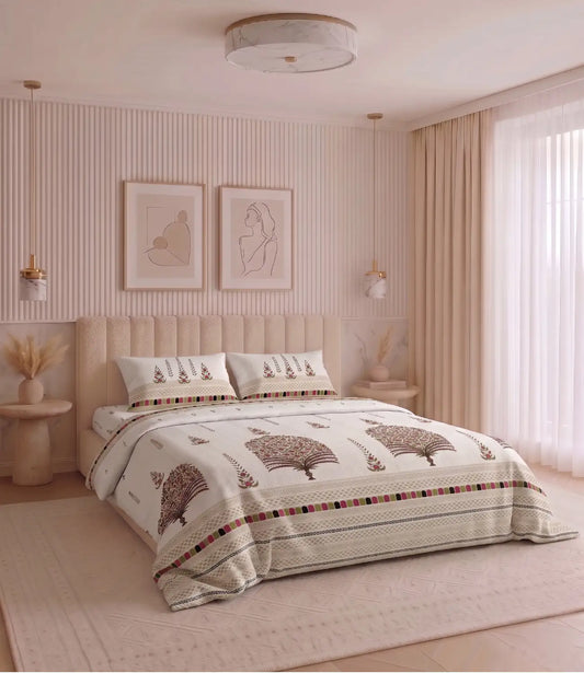 Premium king size 100% cotton bedsheet with a rose pink traditional tree print and matching pillow covers styled in a modern luxury bedroom.