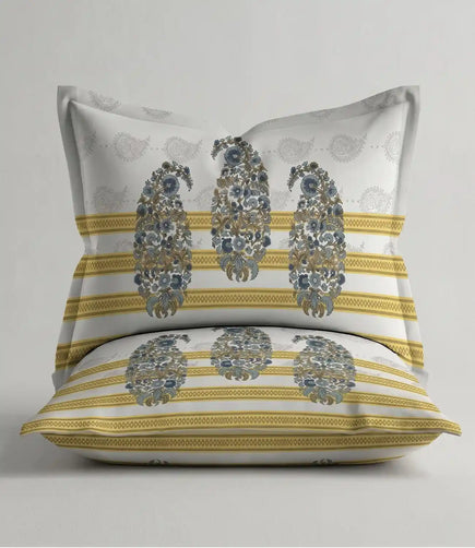 Matching 100% cotton pillow cover featuring a slate blue floral paisley motif with elegant striped detailing on a soft white background.