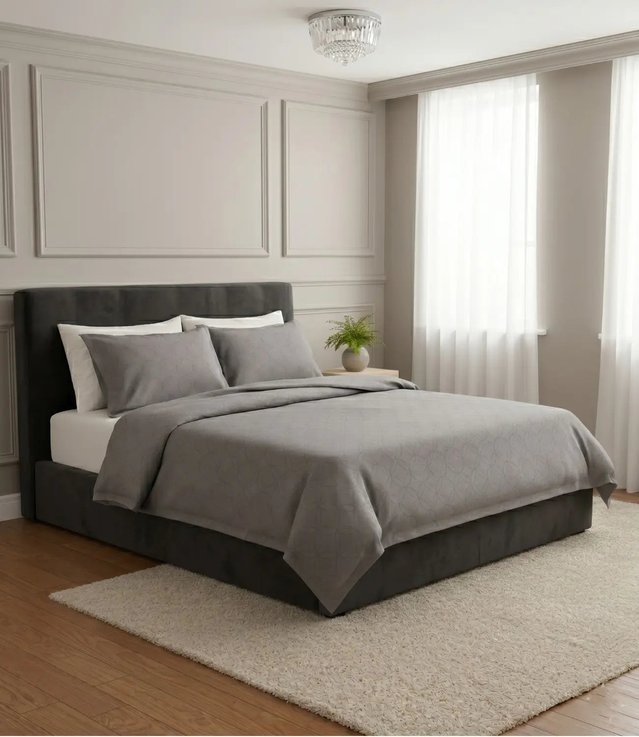 Premium king size 100% pure cotton dark grey geometric bedsheet with matching pillow covers, displayed in a luxury contemporary bedroom for a sophisticated and hotel-inspired bedding look.