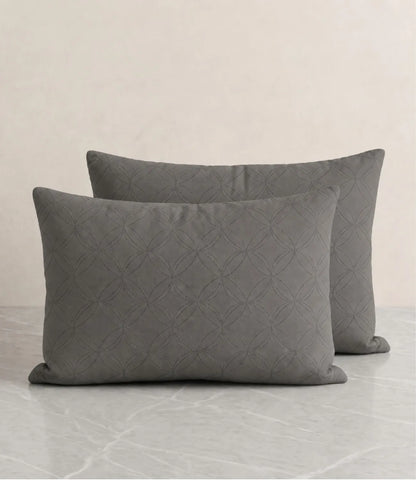 Matching 100% pure cotton dark grey geometric pillow covers featuring a subtle circular pattern, breathable fabric, premium stitching, and soft everyday comfort.