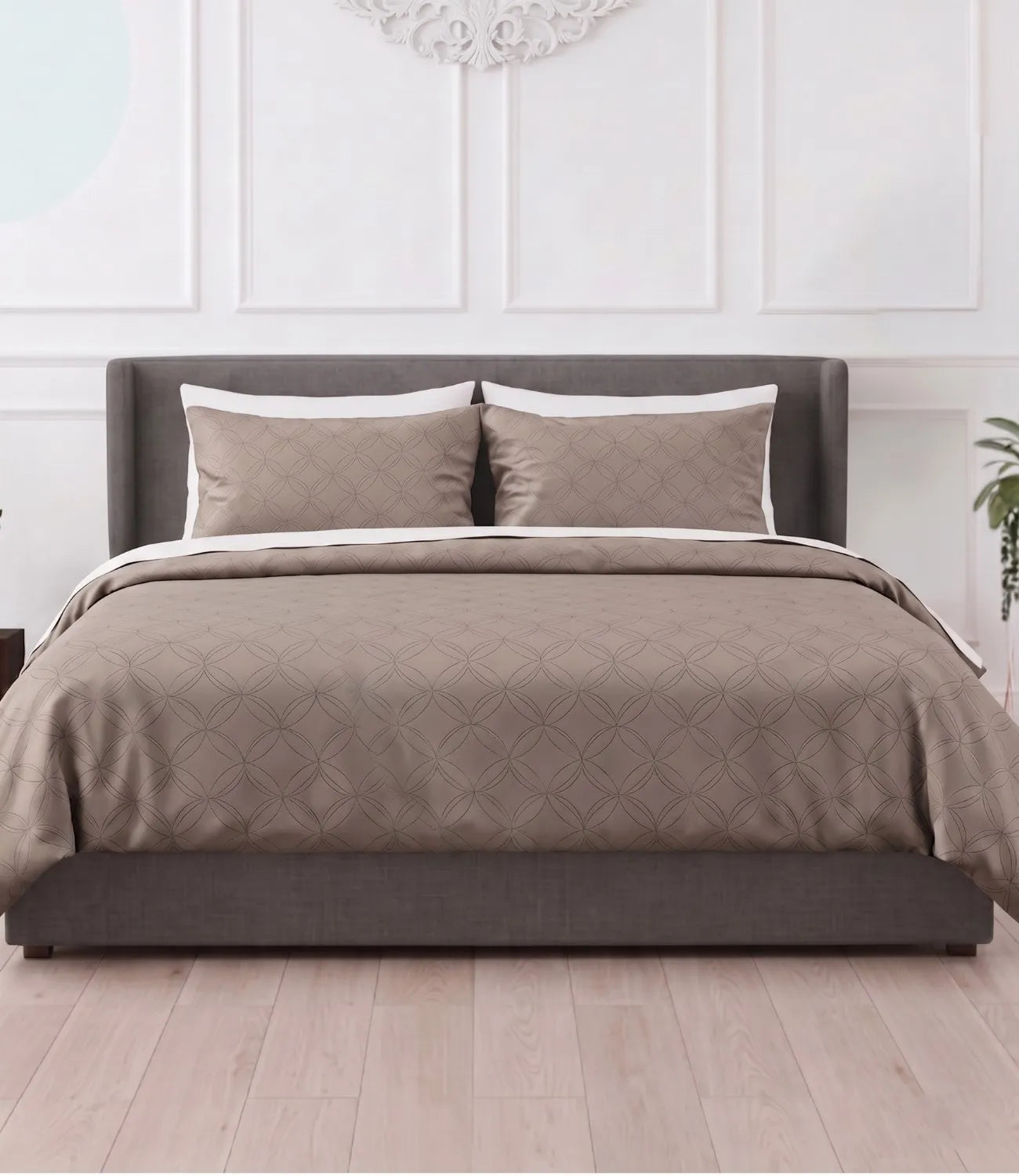 Premium king size 100% pure cotton mocha brown geometric bedsheet with matching pillow covers, styled in a modern bedroom featuring breathable fabric, soft texture, and an elegant contemporary circular pattern.
