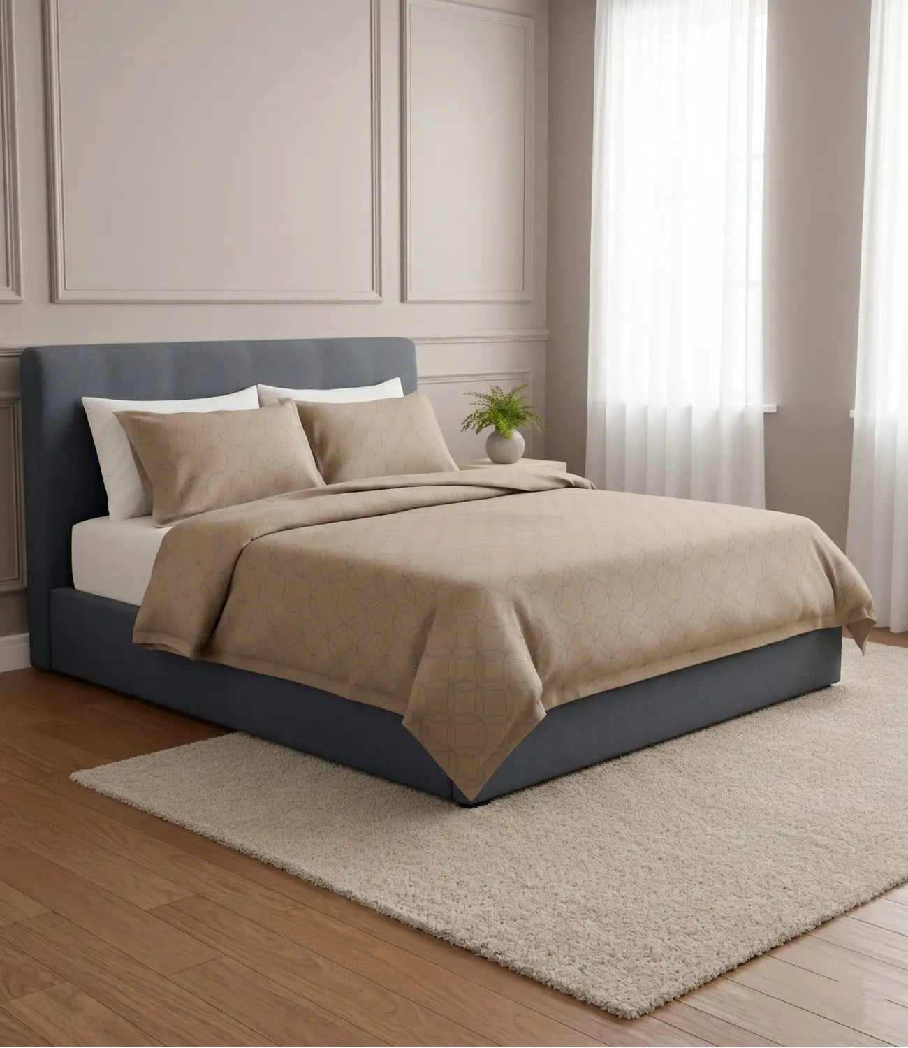 Premium king size 100% pure cotton mocha brown geometric bedsheet with matching pillow covers, displayed in a luxury contemporary bedroom for a warm, sophisticated, and hotel-inspired bedding experience.
