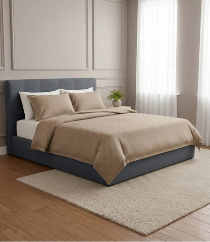 Premium king size 100% pure cotton mocha brown geometric bedsheet with matching pillow covers, displayed in a luxury contemporary bedroom for a warm, sophisticated, and hotel-inspired bedding experience.
