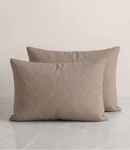 Matching 100% pure cotton mocha brown geometric pillow covers featuring a subtle circular pattern, breathable fabric, premium stitching, and soft everyday comfort.