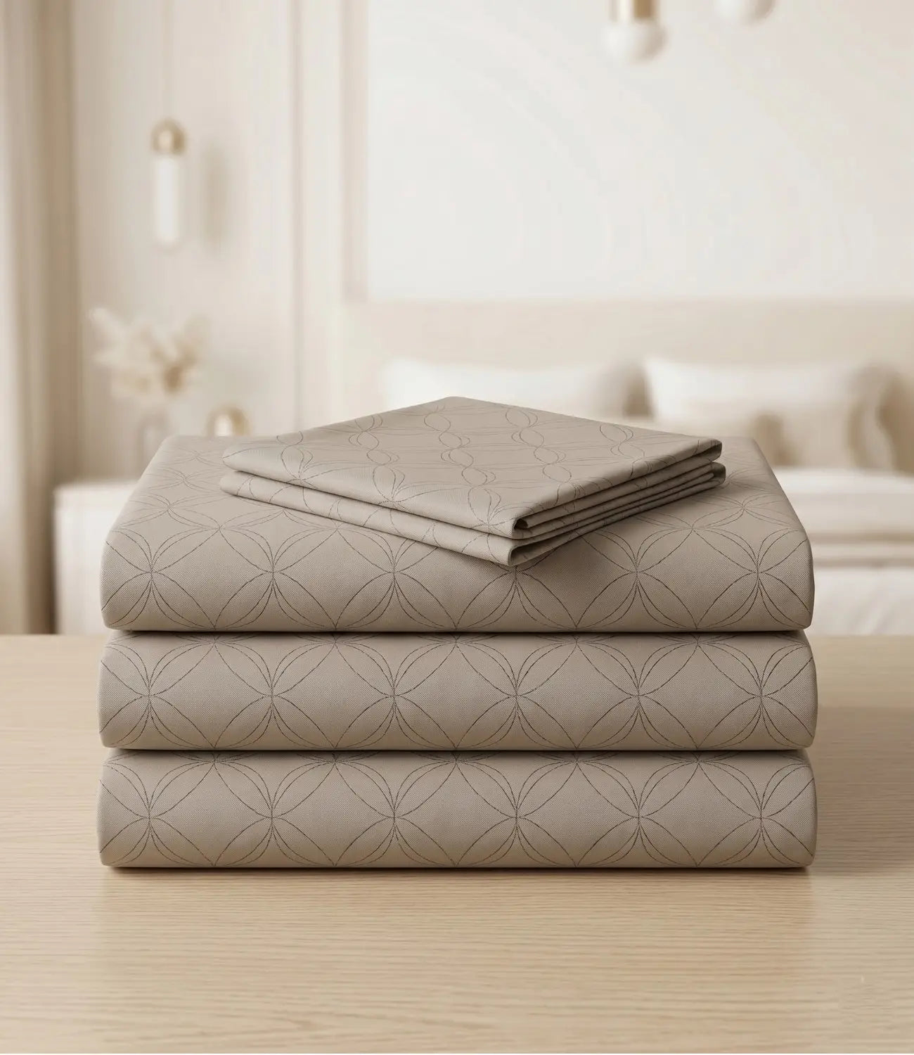 Folded king size 100% pure cotton mocha brown geometric bedsheet showcasing breathable cotton fabric, subtle circular pattern, premium craftsmanship, durable stitching, and long-lasting comfort.