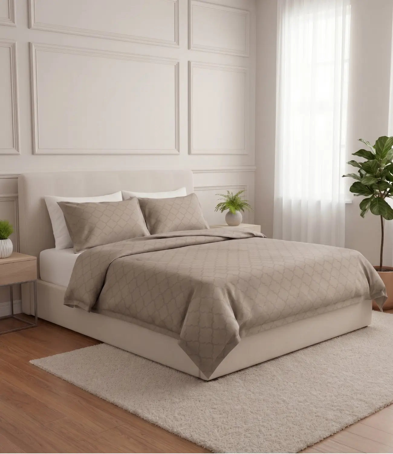 Premium beige patterned bedsheet with matching pillow covers styled on a modern upholstered bed in a minimalist bedroom with soft natural light.