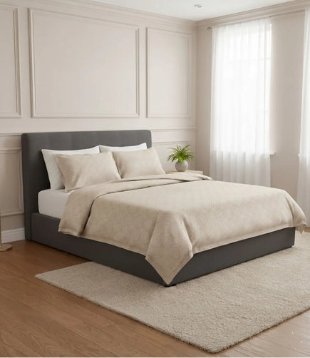 Premium king size 100% pure cotton pearl white geometric bedsheet with matching pillow covers, displayed in a contemporary luxury bedroom for a clean, airy, and hotel-inspired bedding experience.