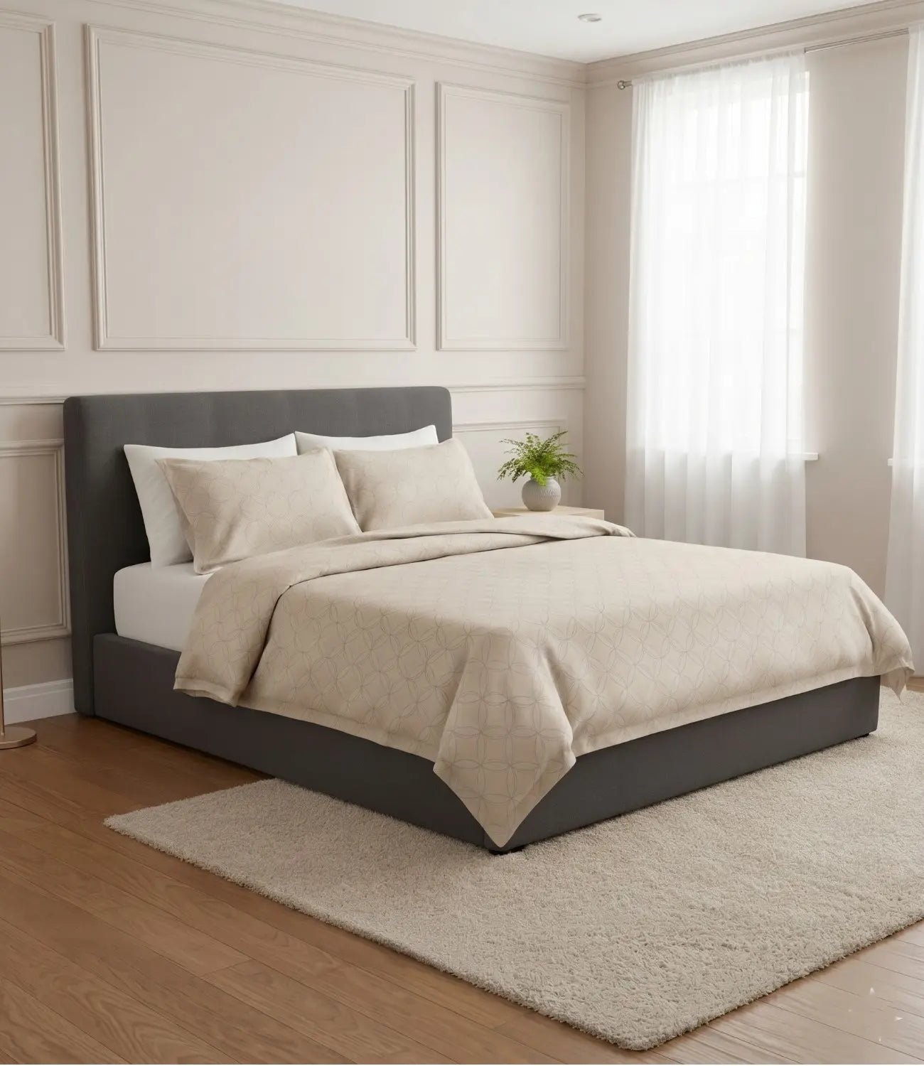 Premium king size 100% pure cotton pearl white geometric bedsheet with matching pillow covers, displayed in a contemporary luxury bedroom for a clean, airy, and hotel-inspired bedding experience.