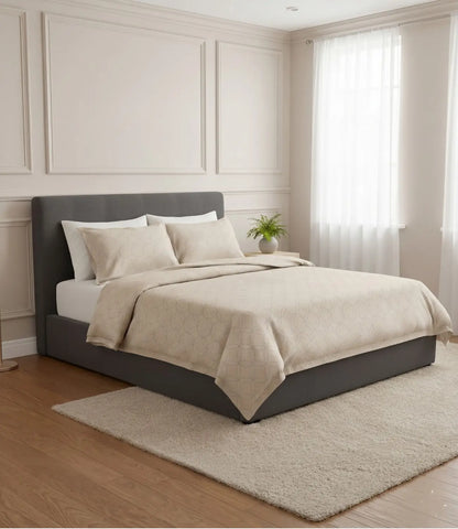 Premium king size 100% pure cotton pearl white geometric bedsheet with matching pillow covers, displayed in a contemporary luxury bedroom for a clean, airy, and hotel-inspired bedding experience.