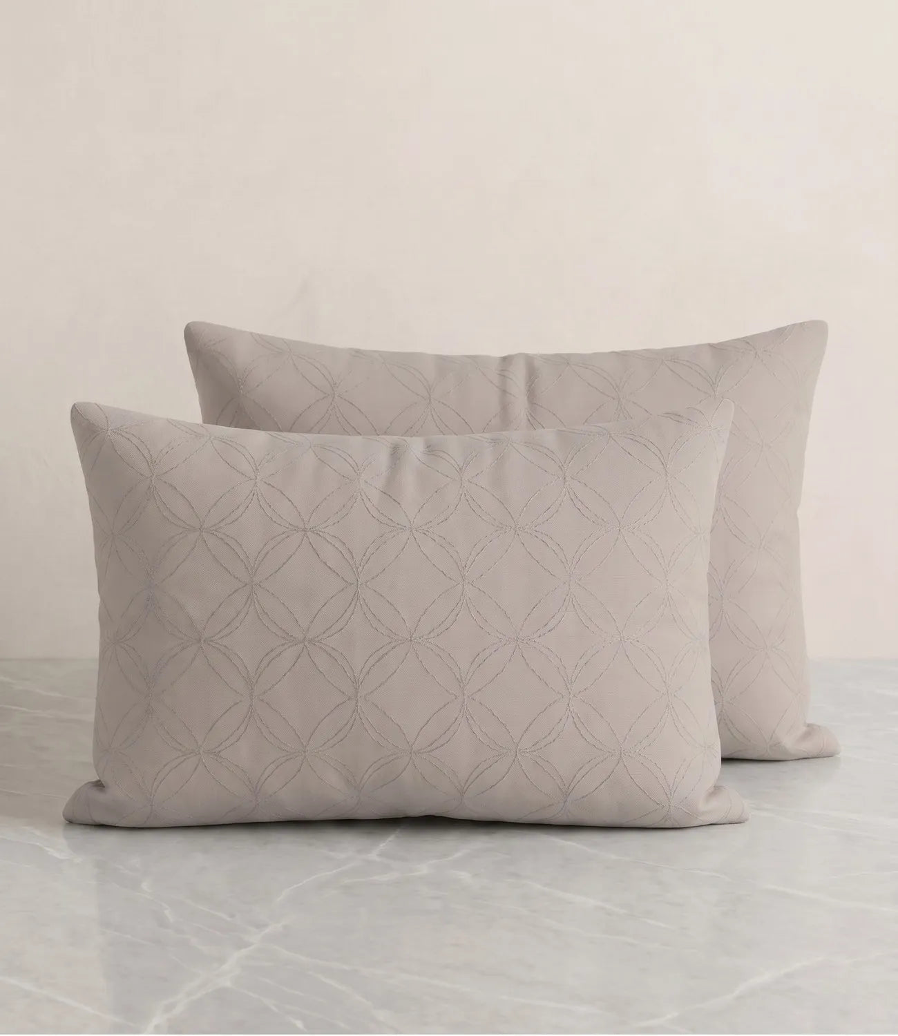 Matching 100% pure cotton pearl white geometric pillow covers featuring a subtle circular pattern, breathable fabric, premium stitching, and soft everyday comfort.