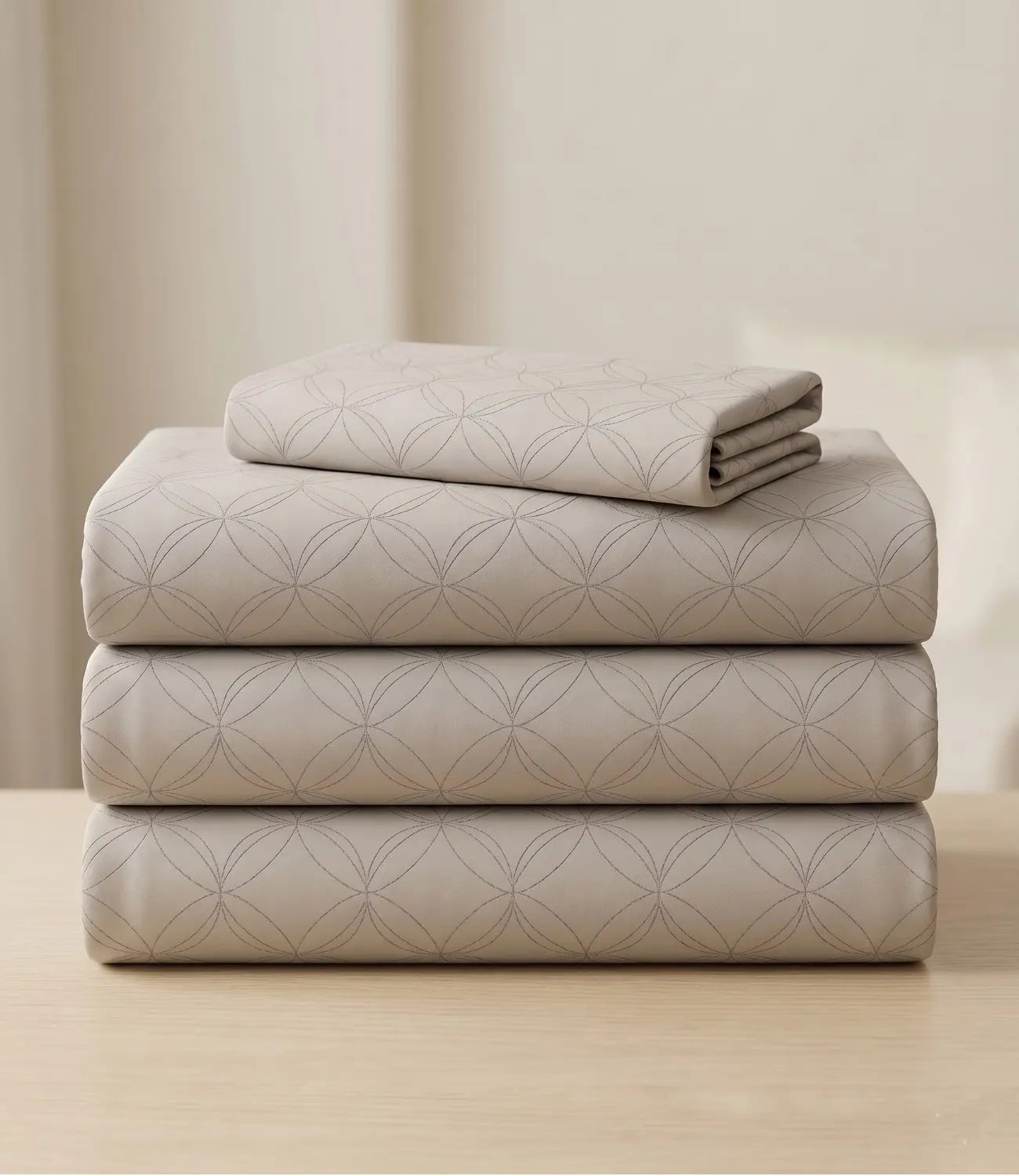 Folded king size 100% pure cotton pearl white geometric bedsheet showcasing breathable cotton fabric, subtle circular pattern, premium craftsmanship, durable stitching, and long-lasting comfort.