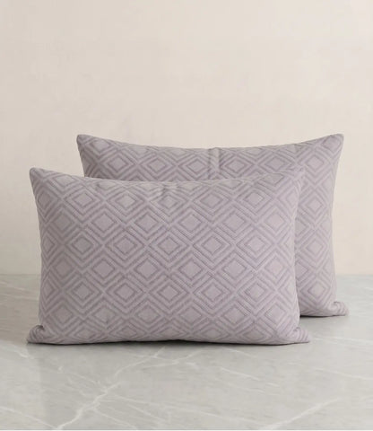 Pair of Mayra silver grey cotton pillow covers with elegant geometric diamond pattern for modern bedroom décor.