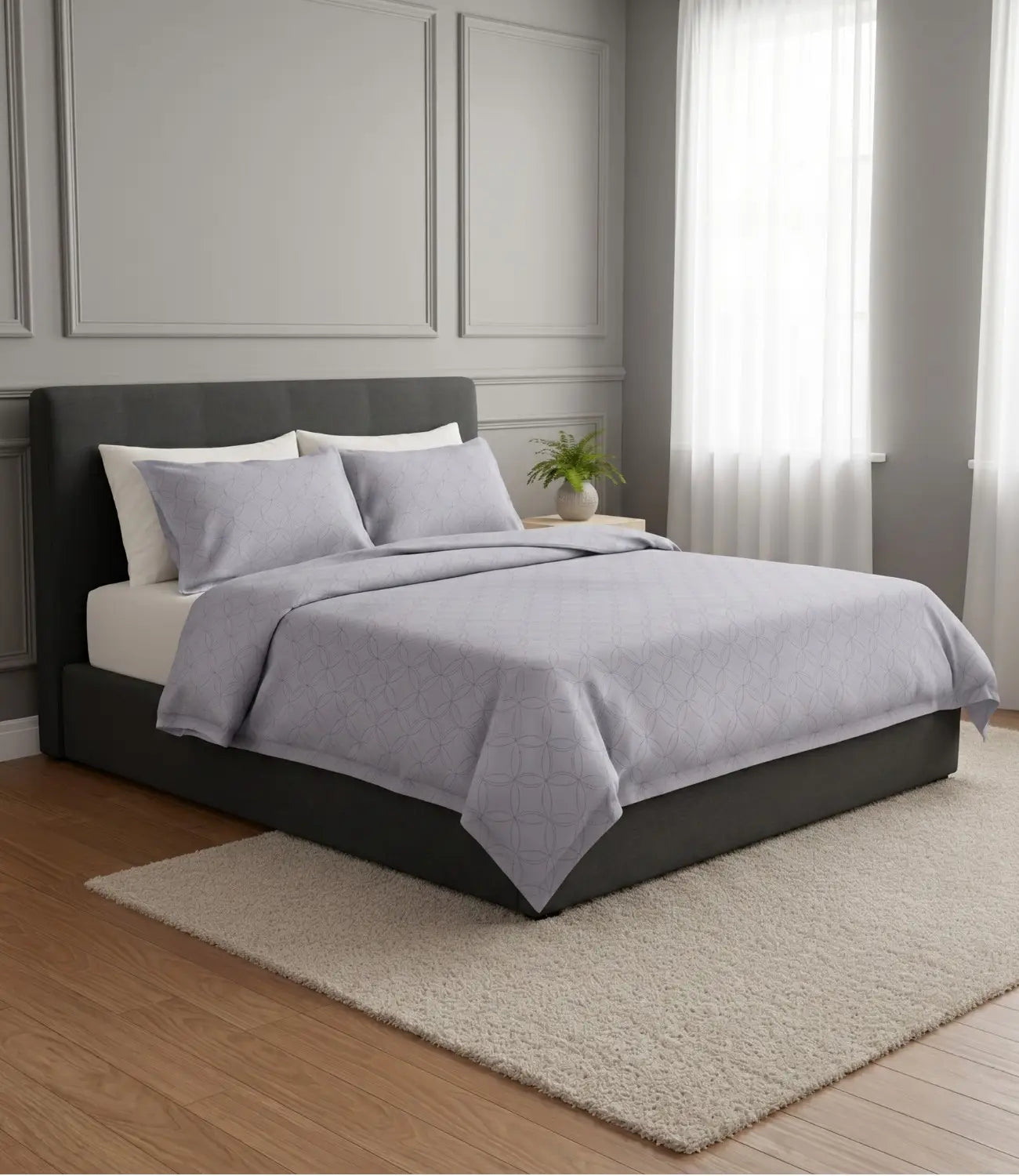 Premium king size 100% pure cotton silver grey geometric bedsheet with matching pillow covers, displayed in a contemporary luxury bedroom for a clean, sophisticated, and hotel-inspired bedding experience.