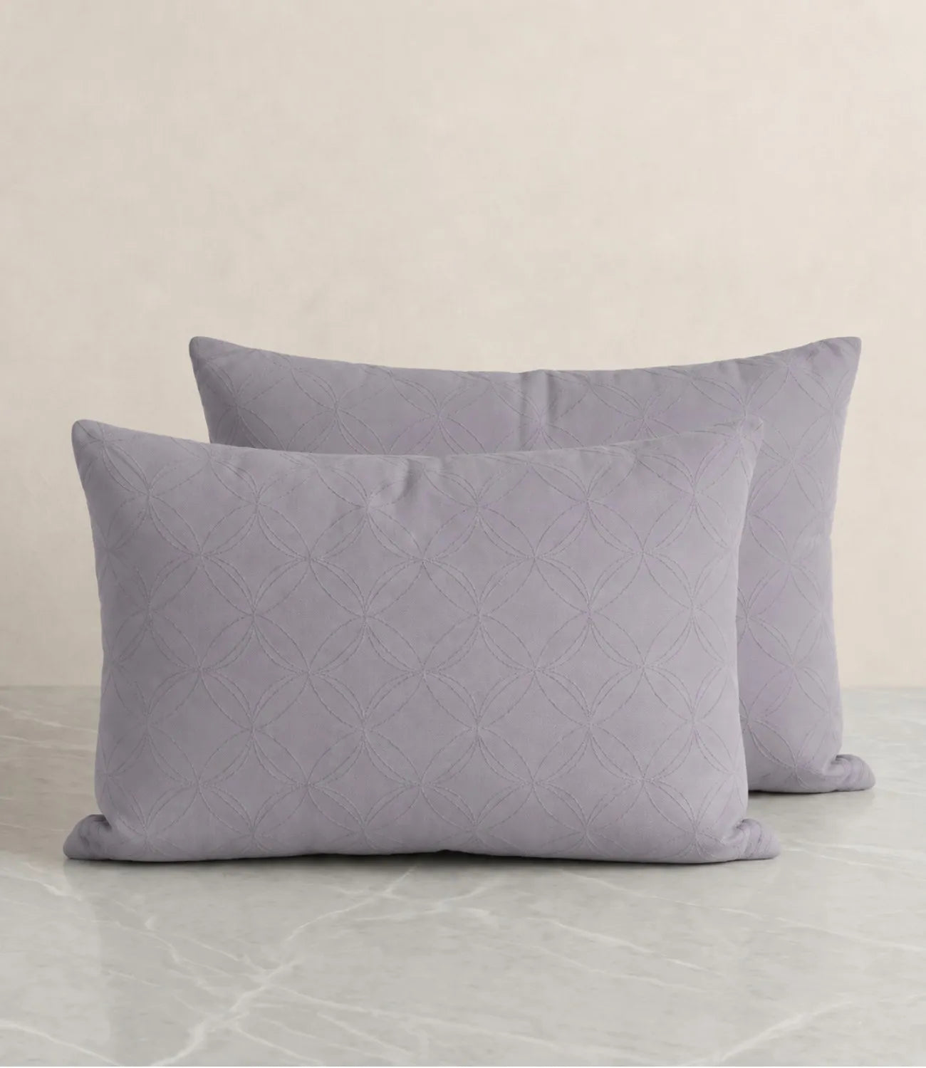 Matching 100% pure cotton silver grey geometric pillow covers featuring a subtle circular pattern, breathable fabric, premium stitching, and soft everyday comfort.