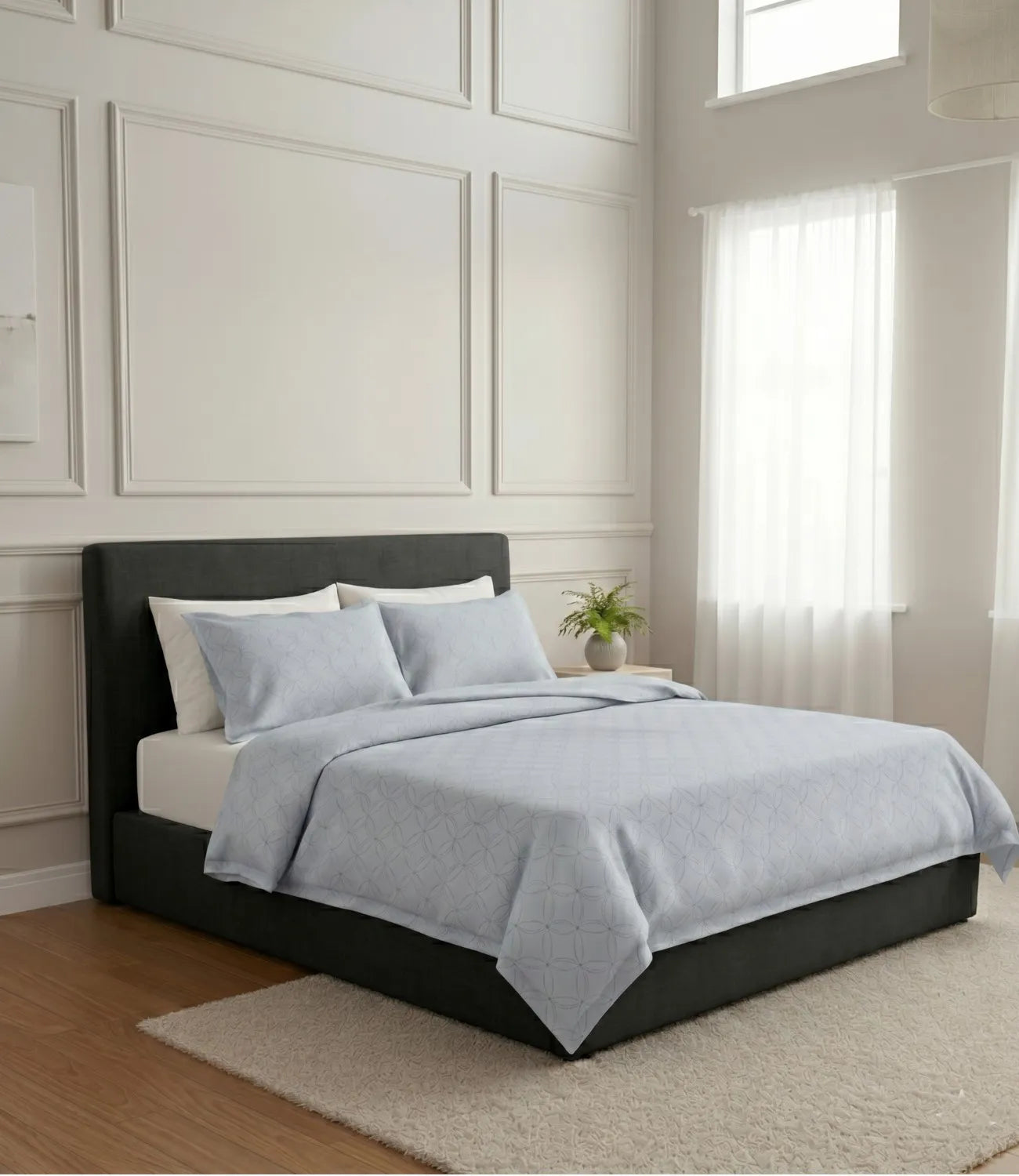 Premium king size 100% pure cotton slate blue geometric bedsheet with matching pillow covers, displayed in a contemporary luxury bedroom for a clean, sophisticated, and hotel-inspired bedding experience.