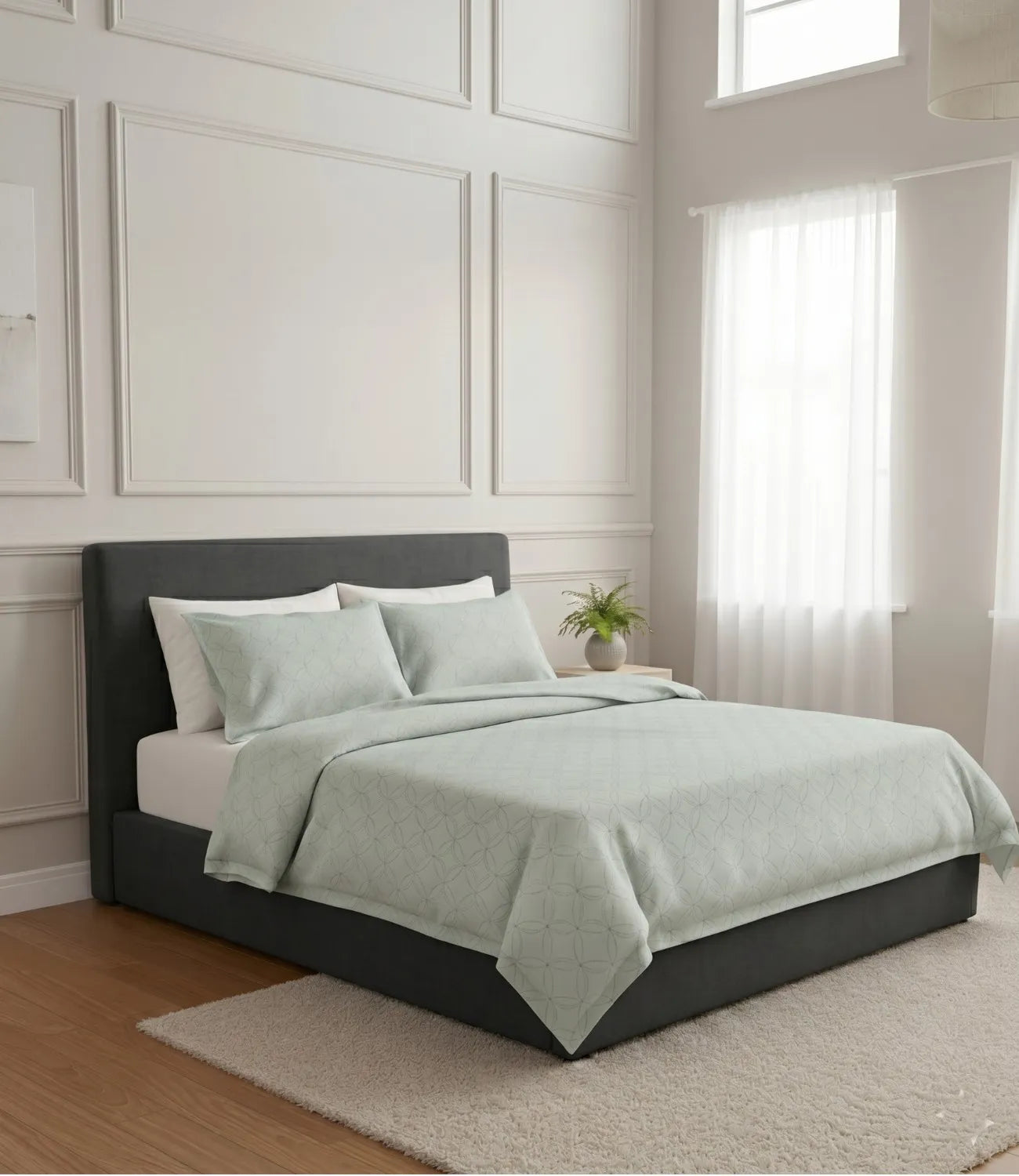 Premium king size 100% pure cotton tea green geometric bedsheet with matching pillow covers, displayed in a contemporary luxury bedroom for a fresh, minimal, and hotel-inspired bedding experience.