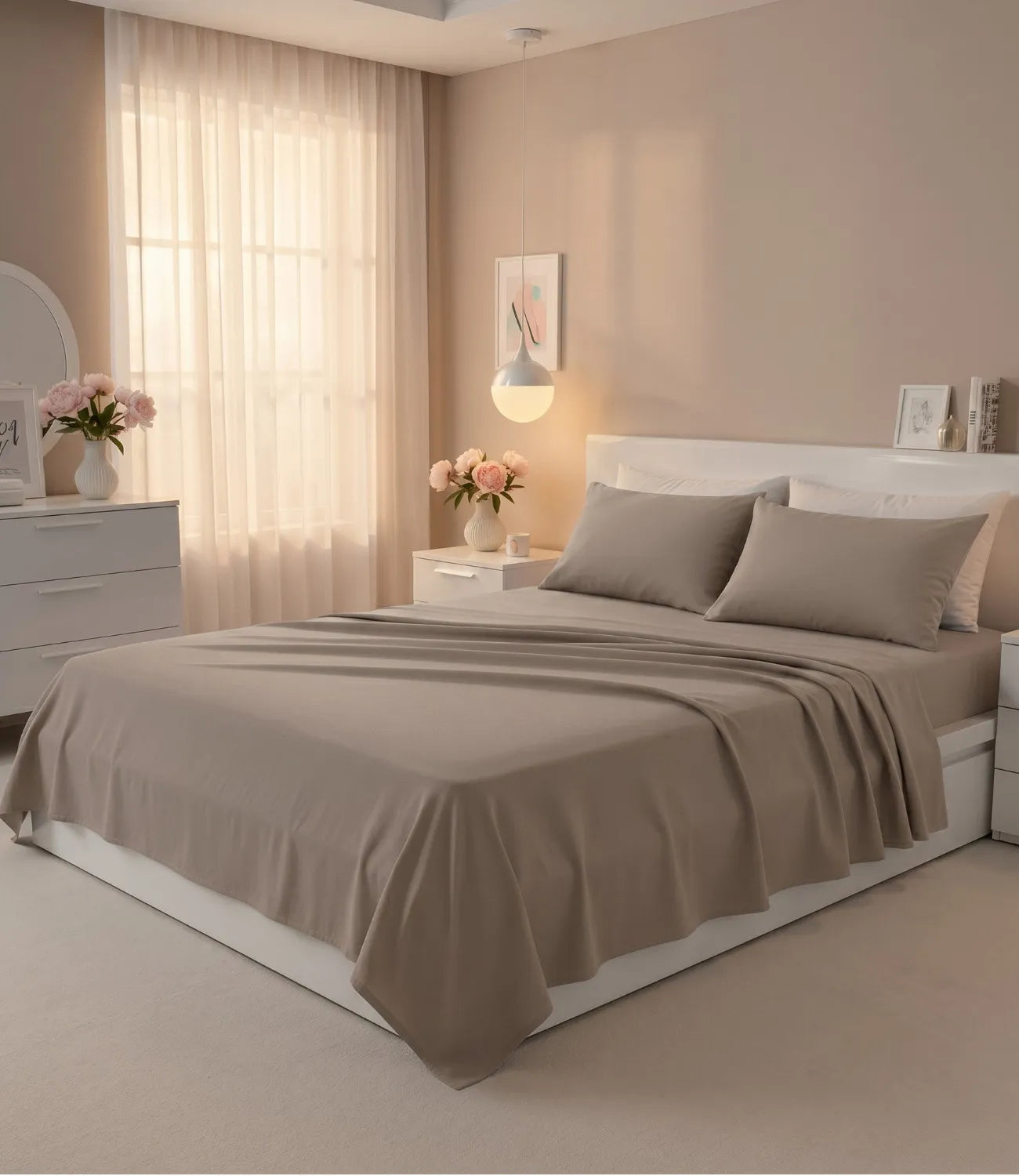 King size taupe cotton bedsheet set with matching pillow covers styled on a modern bed in a cozy minimalist bedroom