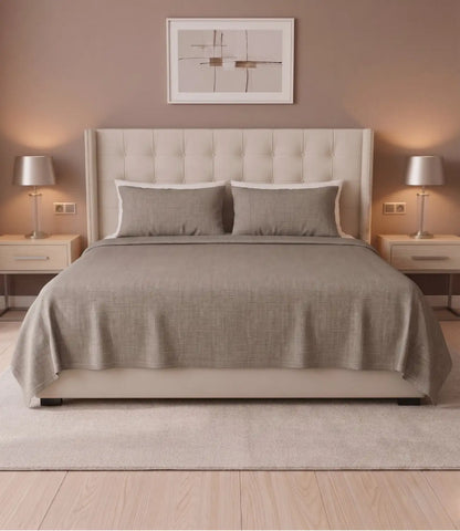 Premium king size 100% pure cotton mocha solid bedsheet with matching pillow covers, displayed in a contemporary bedroom for a clean, elegant, and timeless bedding look.