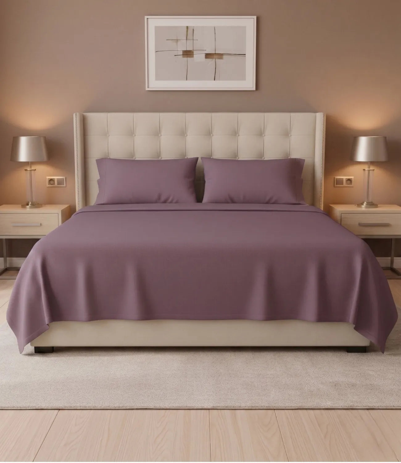 Front view of Soft Heaven plum king size cotton bedsheet with matching pillowcases on a premium upholstered bed in a stylish bedroom.