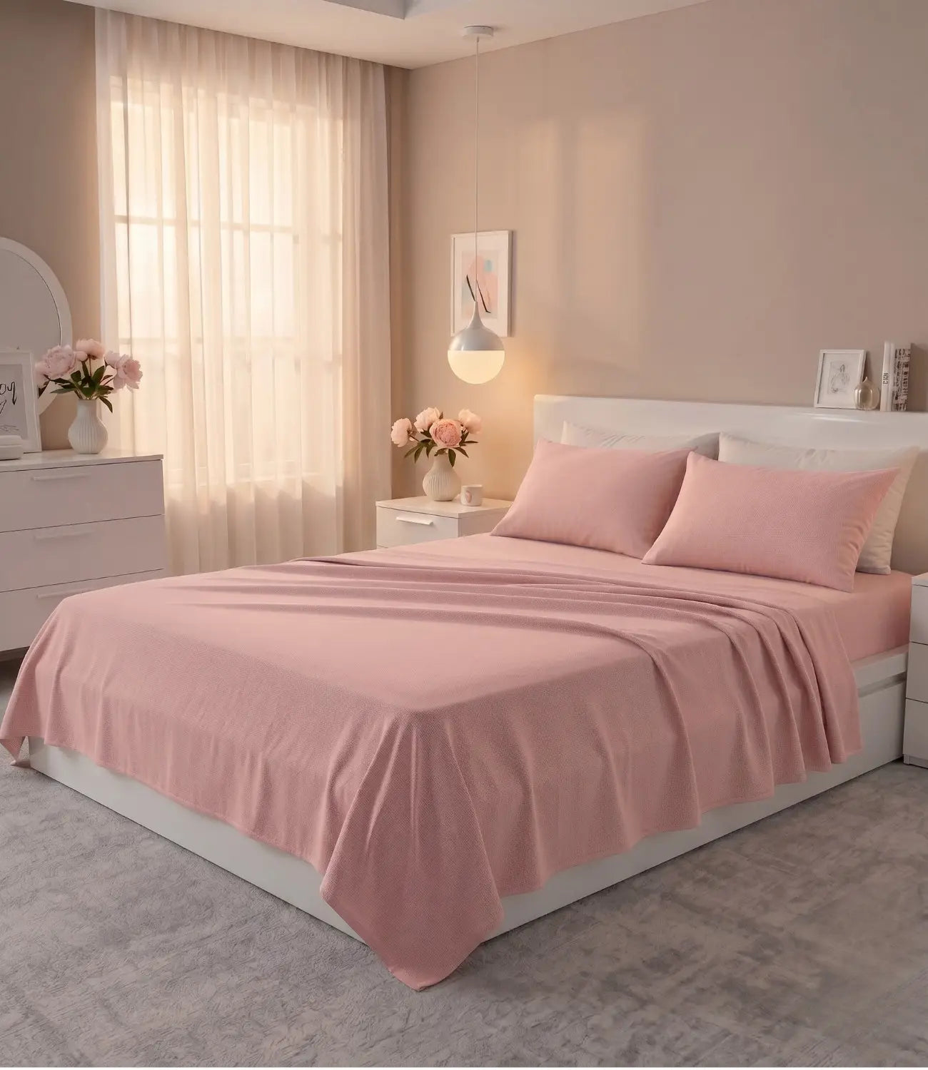 Soft Heaven rose gold king size cotton bedsheet with matching pillow covers styled on a modern bed in an elegant bedroom, featuring soft breathable fabric and a warm minimalist décor.