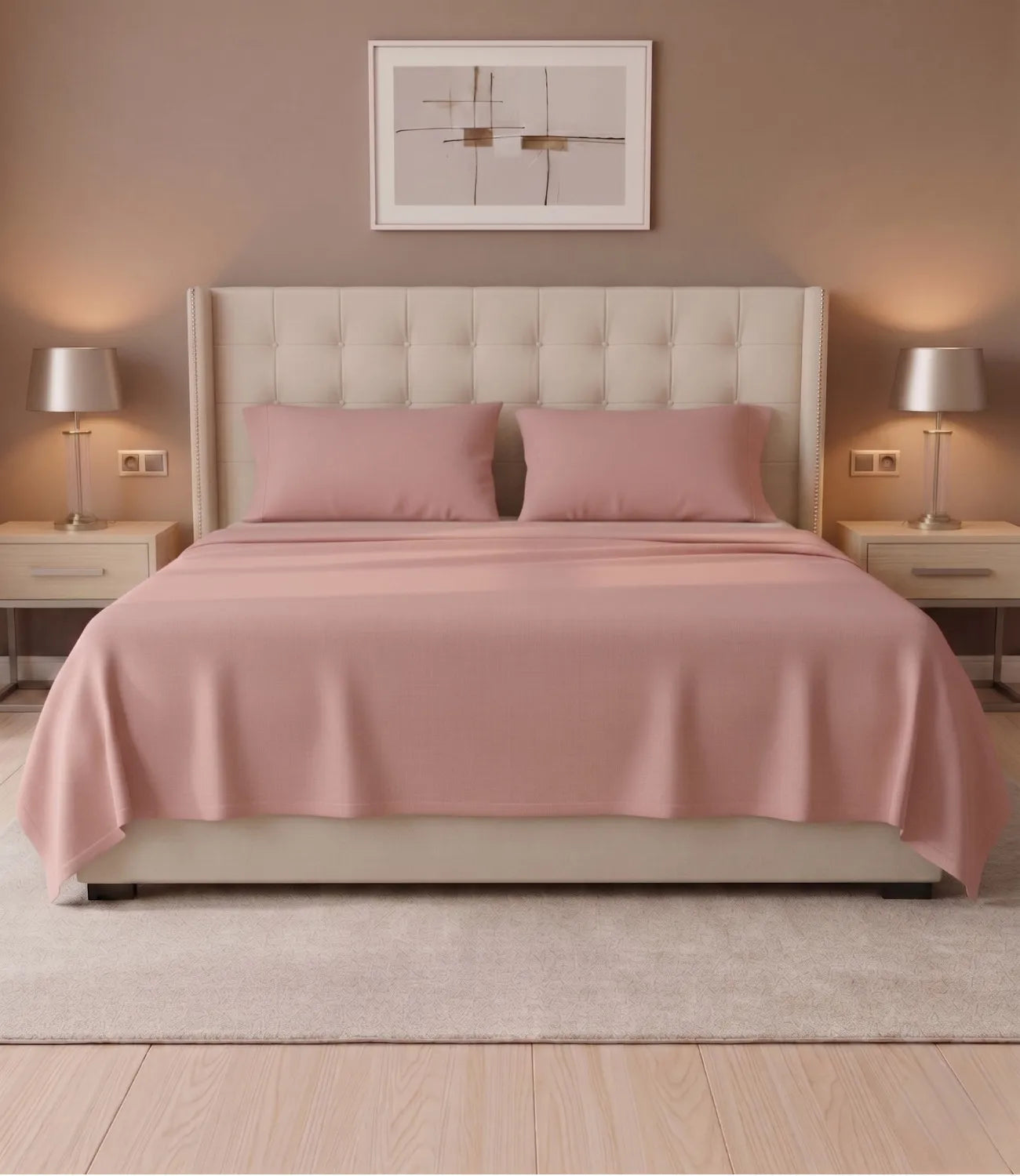 Rose gold king size cotton bedsheet set with two matching pillow covers on a modern upholstered bed, showcasing wrinkle-resistant, soft, and comfortable bedding for everyday use.