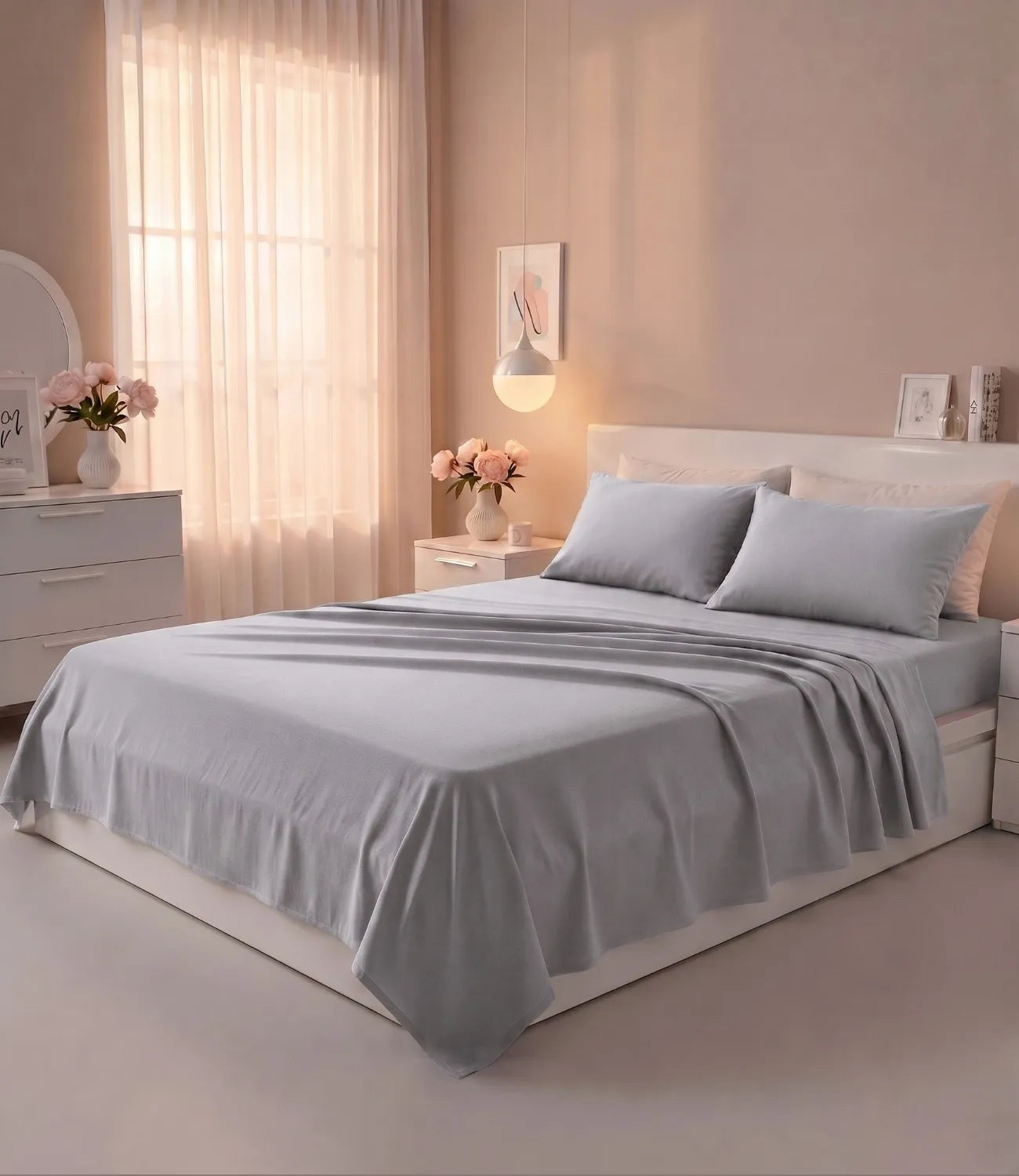 Soft Heaven silver grey king size cotton bedsheet with matching pillow covers styled on a modern bed in a bright bedroom