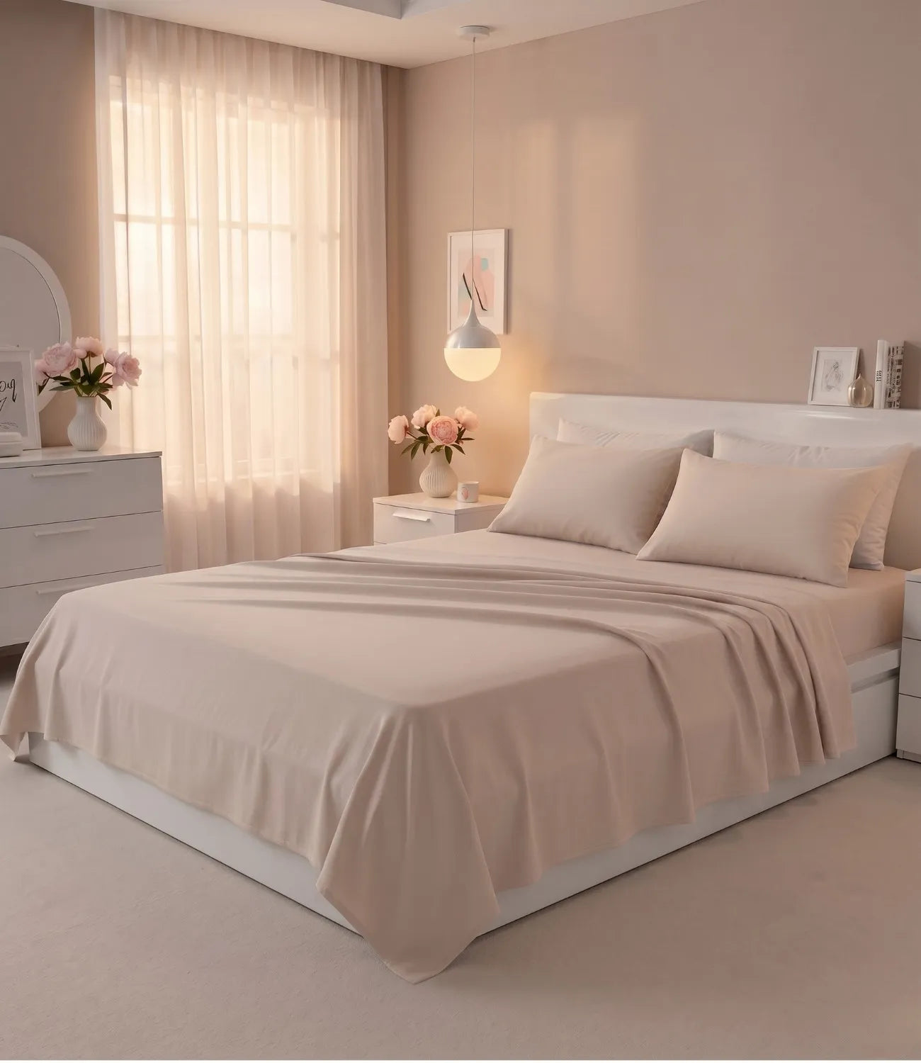 Soft Heaven smoke grey king size cotton bedsheet styled on a modern bed with matching pillow covers in a bright minimalist bedroom.
