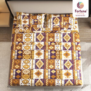 Fortune Living Premium Cotton Geometric Print Double Bedsheet with 2 Pillow Covers – Ethnic Gold & Purple