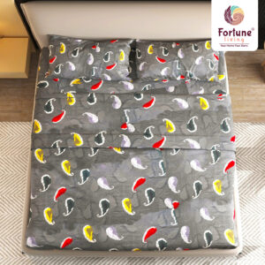 Fortune Living Cozy Cotton Double Bedsheet Set – 100% Premium Cotton | Grey Abstract Paisley Print with 2 Pillow Covers