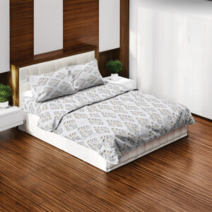 Classic Grey and Blue Printed Cotton Bedsheet Set – King Size