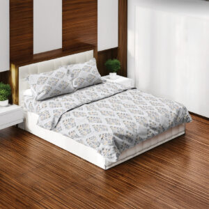 Classic Grey and Blue Printed Cotton Bedsheet Set – King Size